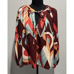 August Sky Boho Top Womens M Brown Blue Buttons Tie Neck Balloon Sleeves